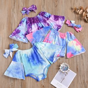 Enfants Vêtements Filles Tie Dyed Barboteuses Flare Sleeve off épaule Combinaisons + Bandeaux 2Pcs / Sets Boutique Enfants Tenues M2686