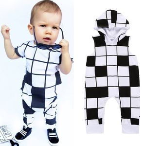 Kinderkleding pasgeboren baby baby romper jongens meisjes witte zwarte rasters korte mouw lange broek capuchon hooded romper outfits jumpsuit kleding