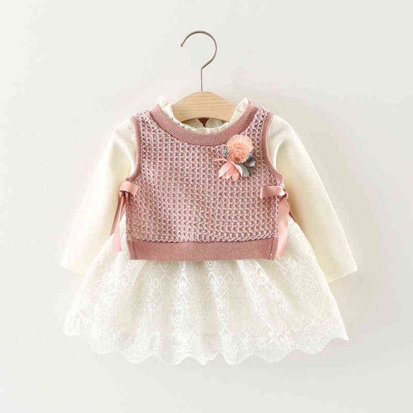 Ropa para niños Vestido de princesa Bebé Otoño Versión coreana Niñas Vestidos infantiles Tejer Vestido de flores de lana Ropa para niños G1129