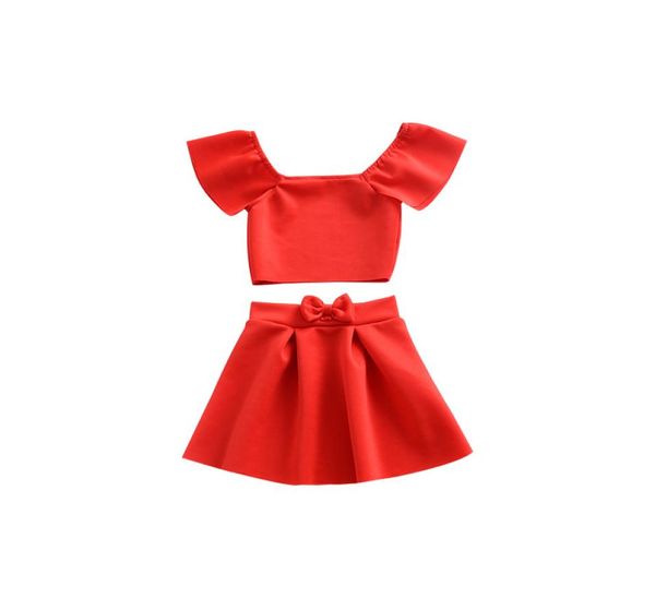 Conjunto de ropa para niños, Top rojo con hombros descubiertos, ropa de verano para bebés, trajes para niñas, camiseta de moda para niños pequeños, falda con lazo New3454652