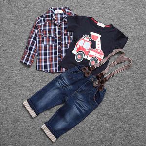 Kinderkleding Sets Jongens Plaid Shirt Auto Top Tee Jeans Broek Jarreteler Firetruck Algemene Outfit Children's Mentleman Costume 210413