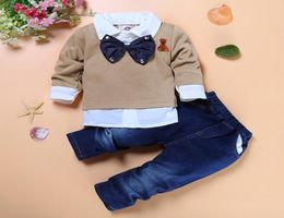 Ensembles de vêtements pour enfants pour garçons Gentleman noeud papillon faux deux pièces chemise beau jean 2 pièces de haute qualité garçons Boutique vêtements Childre9553443