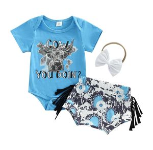 Ensembles de vêtements pour enfants Filles garçons tenues infantile bovins barboteuse hauts vache imprimé gland shorts arc bandeau 3pcsset été mode bébé 4703347