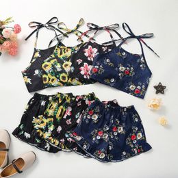 Kinderkleding Sets Meisjes Chiffon Bloem Print Outfits Kinderen Halter Sling Sunflower Floral Tops + Ruffle Shorts 2 stks / set Zomer Mode Boutique Baby Kleding