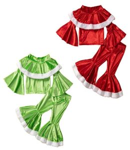 Ensembles de vêtements pour enfants, Tenues de Noël Girls Children Ruffle Off Bops Tops Gold Velvet Fared Pants 2pcs Set Noël printemps automne 9156290