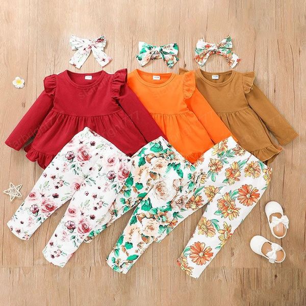 Conjuntos de ropa para niños Trajes florales para niñas Vestido de manga voladora para niños Tops + Pantalones con estampado de flores + Diadema 3 unids / set Primavera Otoño moda Boutique ropa de bebé