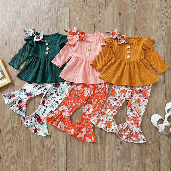 Conjuntos de ropa para niños Niñas Trajes florales Niños Vestido de manga voladora Tops + Estampado de flores Pantalones acampanados + Diadema 3pcs / set Primavera Otoño moda ropa de bebé