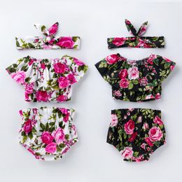 Kinderkleding Sets Meisjes Bloem Rose Print Outfits Zuigeling Peuter Ruche Off Shoulder Tops + Floral PP Shorts + Hoofdband 3 Stks / Set Zomer Mode Babykleding
