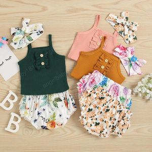 Ensembles de vêtements pour enfants, tenues à fleurs pour filles, hauts à rayures + short à imprimé floral + bandeau à nœud, 3 pièces/ensemble, mode d'été, Boutique de vêtements pour bébés