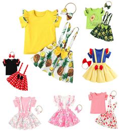 Conjuntos de ropa para niños Trajes para niñas Tops con mangas voladoras para niños Piña sandía Aguacate Fresa Vestido con correa floral Arco 3 piezas 2593988