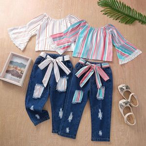 Kinder Kleidung Sets Mädchen Outfits Kinder Spitze Flare Ärmel Streifen Tops + Loch Denim Hosen 2 teile/satz Frühling Herbst Mode Baby Kleidung