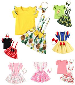 kinderkledingsets meisjesoutfits Kinderen Vliegende mouw Tops Ananas watermeloen Avocado Aardbei Jurk met bloemenbandBow 3pcss7376406