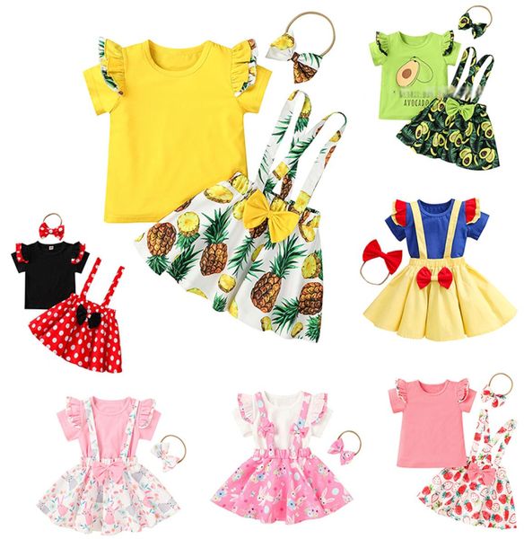 Ensembles de vêtements pour enfants, tenues pour filles, hauts à manches volantes, ananas, pastèque, avocat, fraise, bretelles florales, nœud, 3 pièces, 2167919