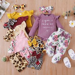 Kinderkleding Sets Meisjes Outfits Baby Flying Mouw Letter Tops + Zonnebloem Bloem Floral Leopard Print Broek + Hoofdband 3 Stks / Set Lente Herfst Baby Kleding