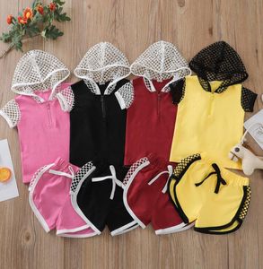 Kids Clothings Sets Hooded Jumper Korte Mouw Top + Rijbroeken 2 stks / set Baby Meisje Jongen Katoen Sport Past Mesh Cap Design Zomer Kinderkleding Pak WMQ1281