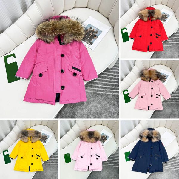 Enfants Manteau Bébé Designer Vêtements Down Manteaux Veste Enfant vêtir Avec Badge À Capuche Épais Chaud Outwear Fille Garçon Filles Classique Parkas 100% Col De Fourrure De Loup 6 Style Rose