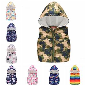 Kids Jassen Cartoon Peuter Meisje Hooded Jassen Kid Jongens Vest Herfst Winter Bovenkleding Warm Kinderkleding Regenboog Dinosaurus 50 Stks DW4281