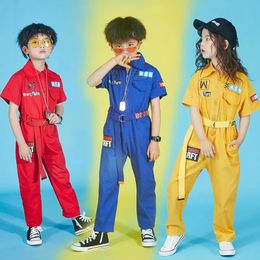 Kinderen coole hiphop kleding met korte mouwen blauw rood losse jumpsuit overalls voor meisjes jongens jazzdans kostuums dansende kleding slijtage 240517