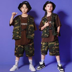 Kids Cool Stage Hip Hop Clothing Camo Vest Tactical Vest de gran tamaño Camiseta Portos de verano para niña Jazz Danza Danza Ropa Rave