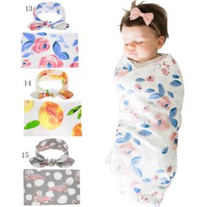 16 kleuren pasgeboren baby baby katoen swaddle 2pc set konijn oren boog hoofdband + swaddle floral gele perzik flamingo printdekens C2468