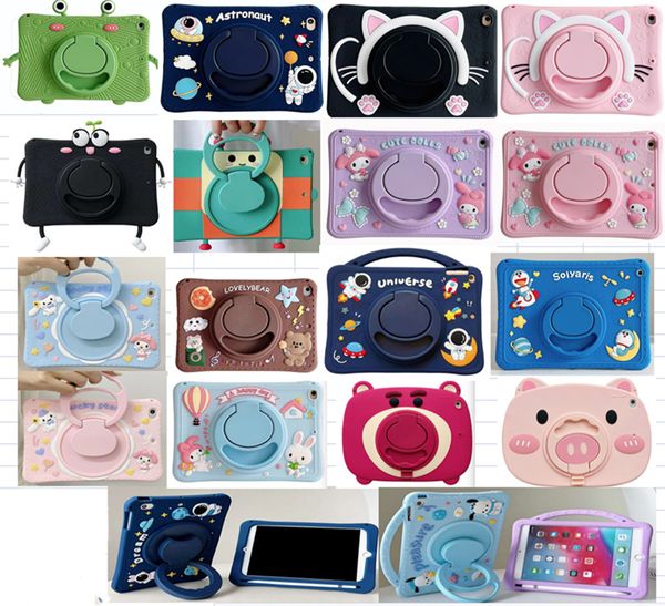 Estuches para tabletas a prueba de golpes de dibujos animados lindos para niños para iPad 10.2 10.5 10.9 mini 1/2/3/4/5 6 9.7 11 360 Rotación Pata de cabra Soporte de mano Cubierta de silicona suave