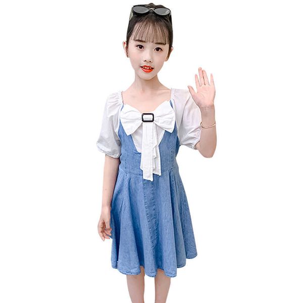 Robes en denim pour enfants pour filles Big Bow Girl Patchwork Summer Casual Style Costume 210528