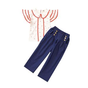 Enfants Denim Ensembles Dot Imprimé Col Rabattu Tops Filles Vague Dentelle Chemises Bouton Poche Jeans Enfant Pantalon Élastique Bébé Tenues Décontractées