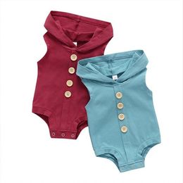 Kids Designer Kleding Baby Hooded Rompertjes Zomer Mouwloze Button Triangle Jumpsuits Jongens Meisjes Solid Bodysuit Outdoor Casual Onesie CYP581