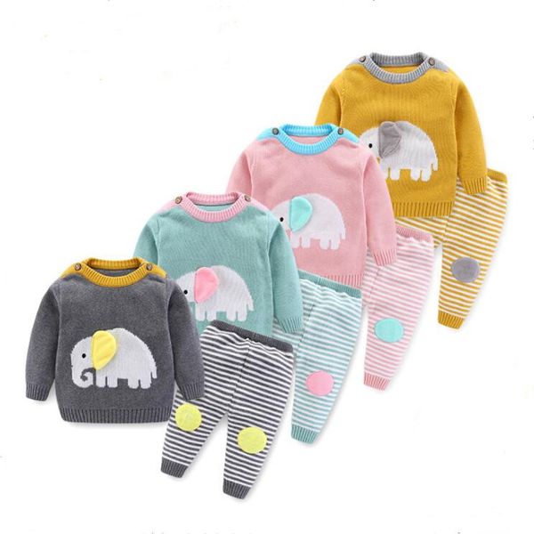Ropa de diseñador para niños Traje de suéter de punto para bebé Suéteres de primavera para recién nacidos Pantalones Trajes Conjunto de ropa de punto a rayas con estampado de animales al aire libre C7188