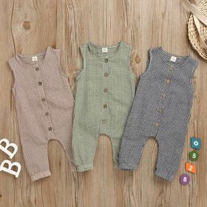 Enfants Designer Vêtements Bébé Plaid Barboteuses Garçons Filles Coton Combinaisons Été Casual Bouton Onesies Infant Sans Manches Escalade Costumes AYP450