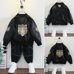 Ropa de diseñador para niños, chaqueta de cuero para niño, chaquetas de motocicleta con bordado de cabeza de tigre, abrigo para niños