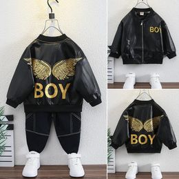 Kids designer kleding jongen leren jas vleugel gouden brief borduurwerk Motorjassen kinderen jas