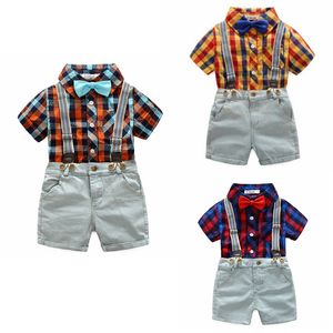 Kids Designer Kleding Jongens Plaid Shirts Strap Denim Shorts 3 stks Set Lattice Baby Outfits Boutique Summer Kinderkleding 3 Designs DHW3237