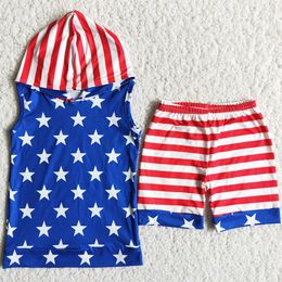 Enfants Designer Vêtements Garçons Ensembles Juillet 4 Mode D'été Toddler Bébé Garçon Vêtements À Capuche Ensemble Star Print Shorts Jour De L'Indépendance Enfant 316J