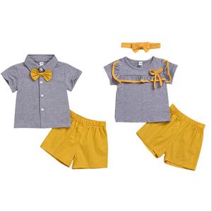 Kids Designer Kleding Familie Matching Outfits Brother Sister Suits Baby Zomer Korte Mouw Bowtie Tops T-shirts Shorts Broek Hoofdband B5468