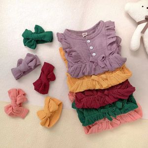 Mameluco de lino de verano para bebé con diademas con volantes sin mangas para niños pequeños monos de una pieza ropa informal para niñas M4149