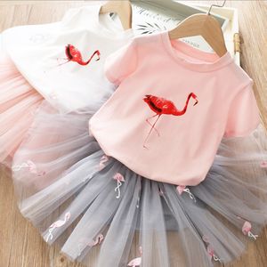 Enfants Designer Vêtements Filles Flamingo T-shirts Mesh Jupes 2pcs Ensembles Boutique Fille TUTU Jupe Costumes D'été Enfants Vêtements DHW4031