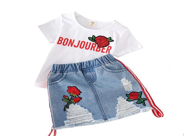 ropa de diseño para niños trajes de niñas para niños Rose bordado skirt de mezclilla de ojal 2pcsset 2021 boutique boutique baby ropa SE9986853