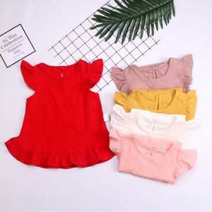 Ropa de diseñador para niños, camisetas con volantes para niñas, camiseta con volantes de color caramelo de verano, camiseta a la moda con manga de mosca y cuello redondo, ropa superior sólida AYP534