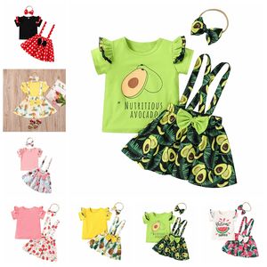 Kids Designer Designer Girls Zomerkleding Sets Polka Dot Fly Sleeve Tops Suspender Rok met hoofdband Avocado Floral Overalls Dresses Costume Boutique B8298