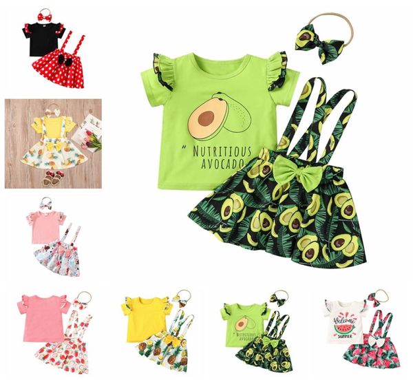 Vêtements de créateurs pour enfants Ensembles de vêtements d'été pour filles Polka Dot Fly Sleeve Tops Jupe à bretelles avec bandeau Avocat Floral Salopette D3755961