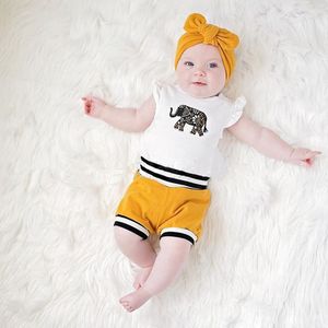 Kids Designer Kleding Pasgeboren Baby Meisjes Kleding Set Leuke Olifant Tops Off Shouler Romper + Shorts Bottoms + Hoofdband Outfits