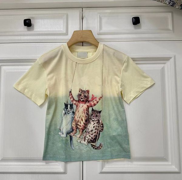 Ropa de diseñador para niños, camiseta de manga corta para bebés, niños y niñas, camisetas con patrón de gato lindo de dibujos animados de algodón de verano