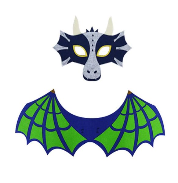 Niños Dragon Dinosaur Wing Mask Set Niños Niñas Halloween Christmas Dress Up Disfraz Máscaras faciales completas Cabo Props Suministros para fiestas Regalos de fieltro