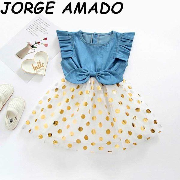 Vestidos para niños para niñas lindo arco lentejuelas lunares denim sin mangas vestido de verano ropa E21938 210610