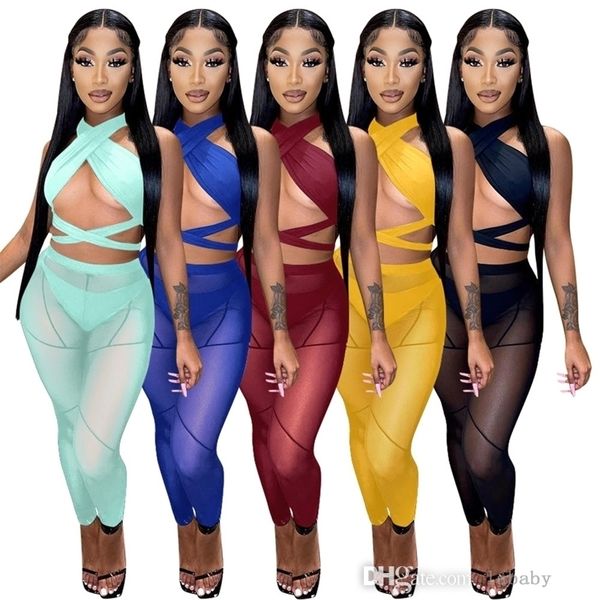 2022 Summer Femmes Tracksuits Sexy Hollow Out Trois Piece Pantalon Set Cou Suspendre Cross Mesh Perspective Vêtements d'épissure