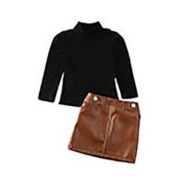 Kids Fall Outfits Girls Black High Collar Puff Sleeve T -shirt Bruine PU Lederen rokken 2 stks Lady Style Child Sets