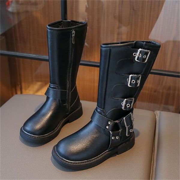 Botas de moda para niños otoño invierno chicas lateral zipper knight bota para niños tacones planos botas de botones suaves para bebés zapatos de cuero princesa