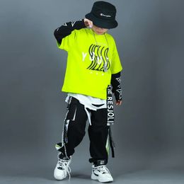 Kids Fashion Hip Hop Clothing Oversize Green Hoodie Streetwear Black Cargo Shorts For Girls Boys Jazz Dance Kostuumkleding 240531