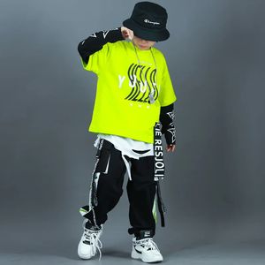 Kindermode Hip Hop Kleding Oversize Groene Hoodie Streetwear Zwarte Cargo Shorts Voor Meisjes Jongens Jazzdans Kostuum Kleding 240226